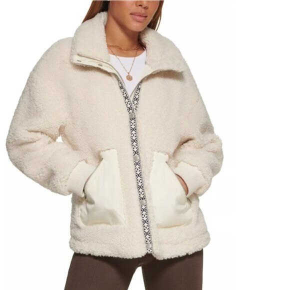 Women's Levi's Hana Sherpa Zip Front Jacket XS Ivory 'Almond Milk' Soft Comfy! - Picture 1 of 10